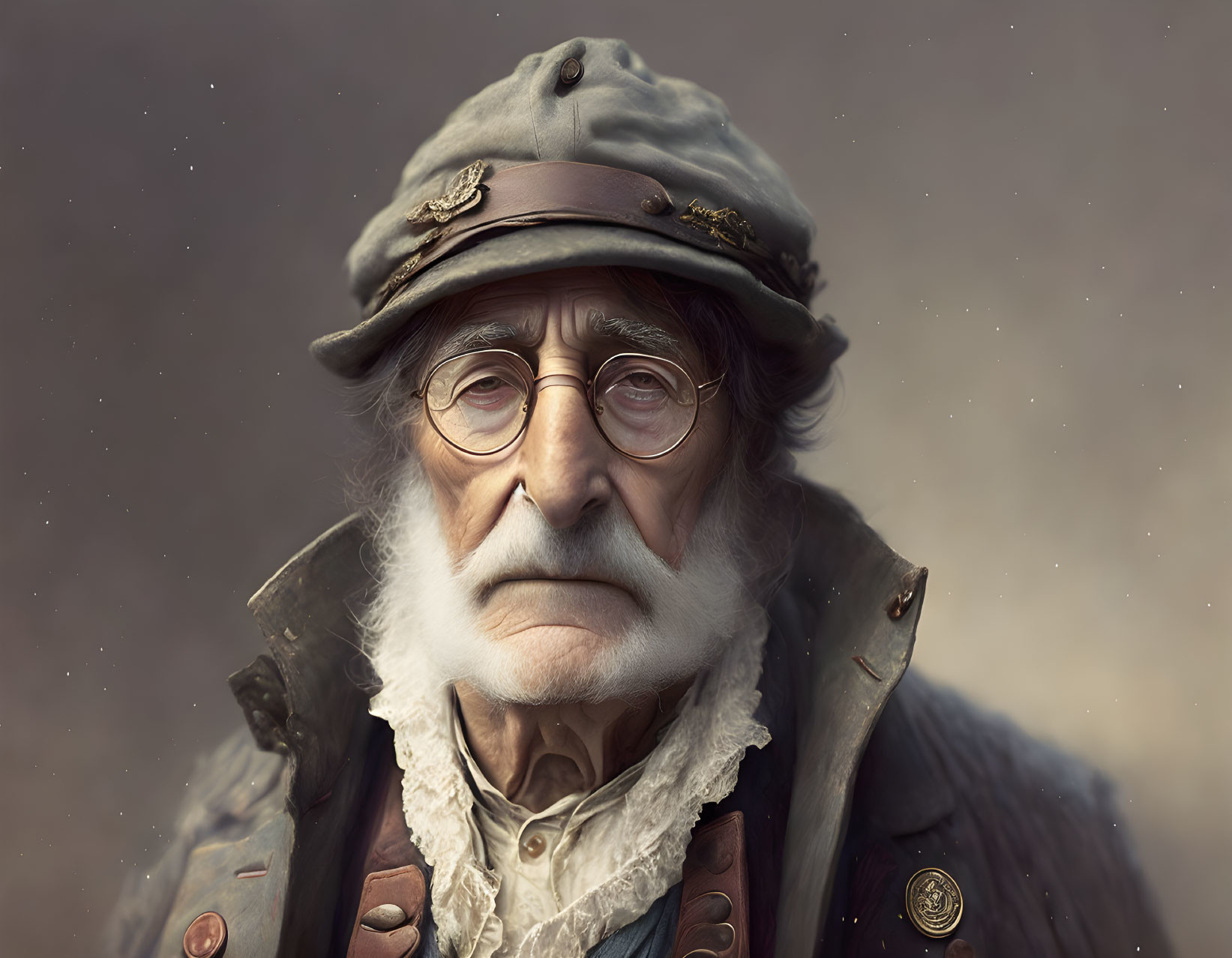 Elderly man in military-inspired outfit with badges and glasses