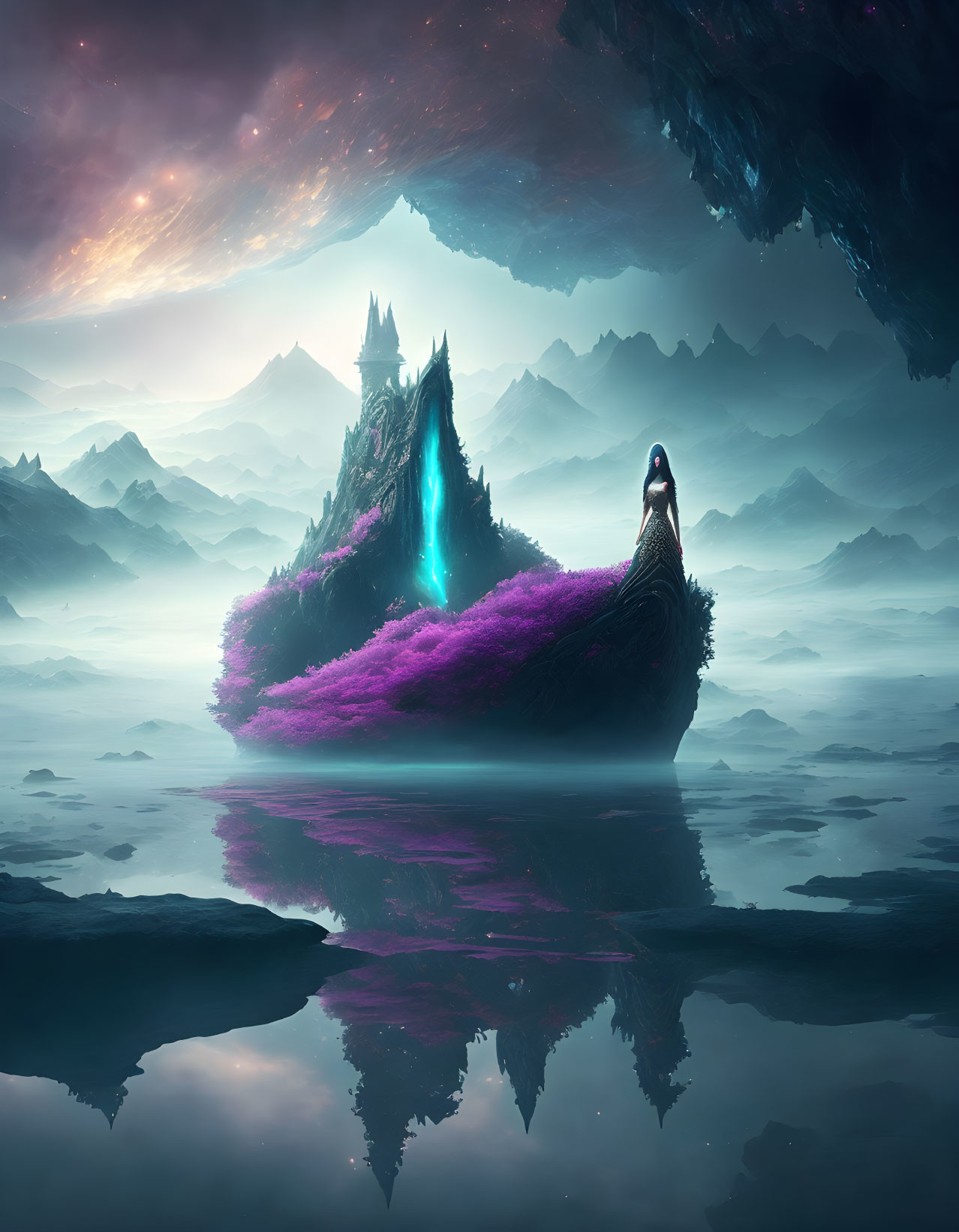 Floating island with purple grass, blue crevice, cosmic sky, and reflection in water