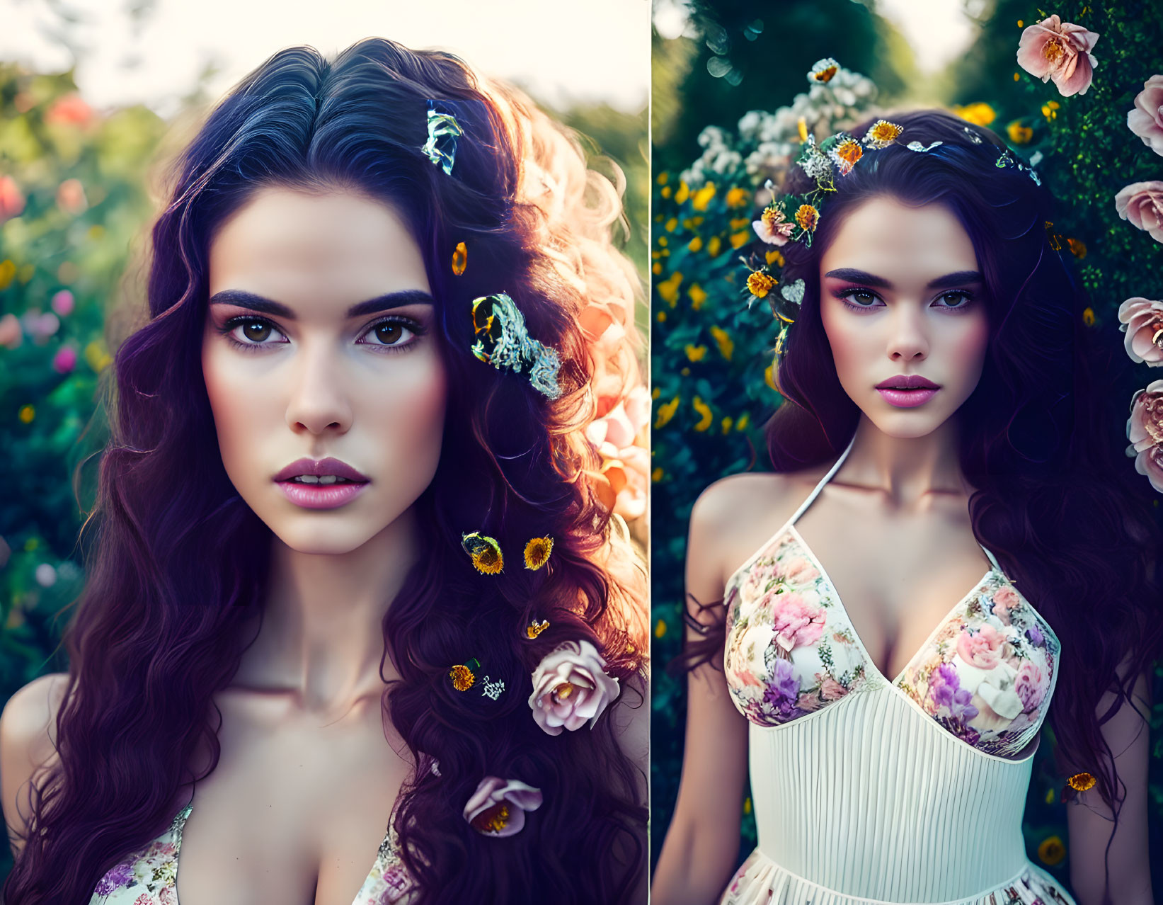 Dark-haired woman with flowers and butterflies in serene garden setting