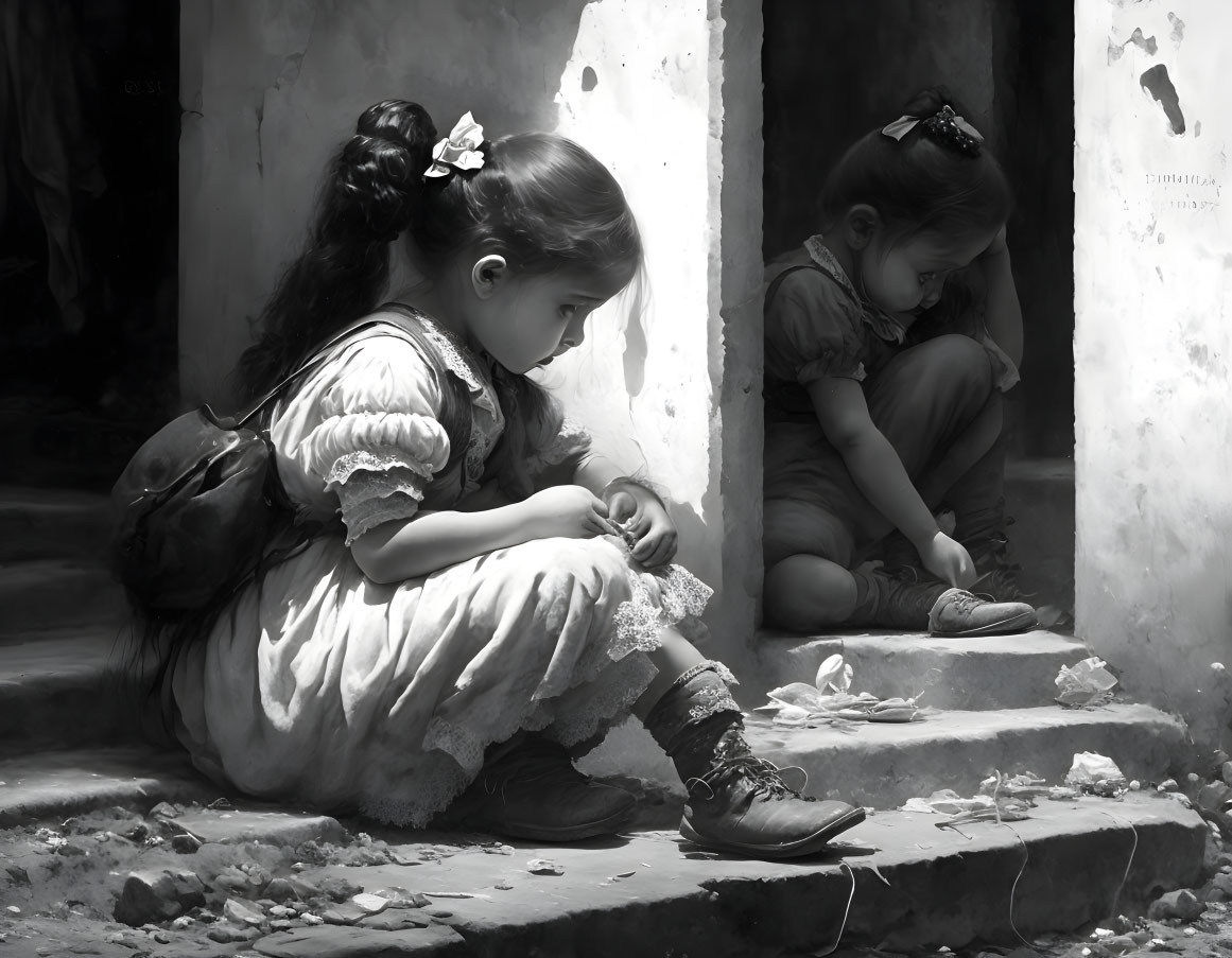 Two young girls lacing shoes on stairs in grayscale photo with sunlight.