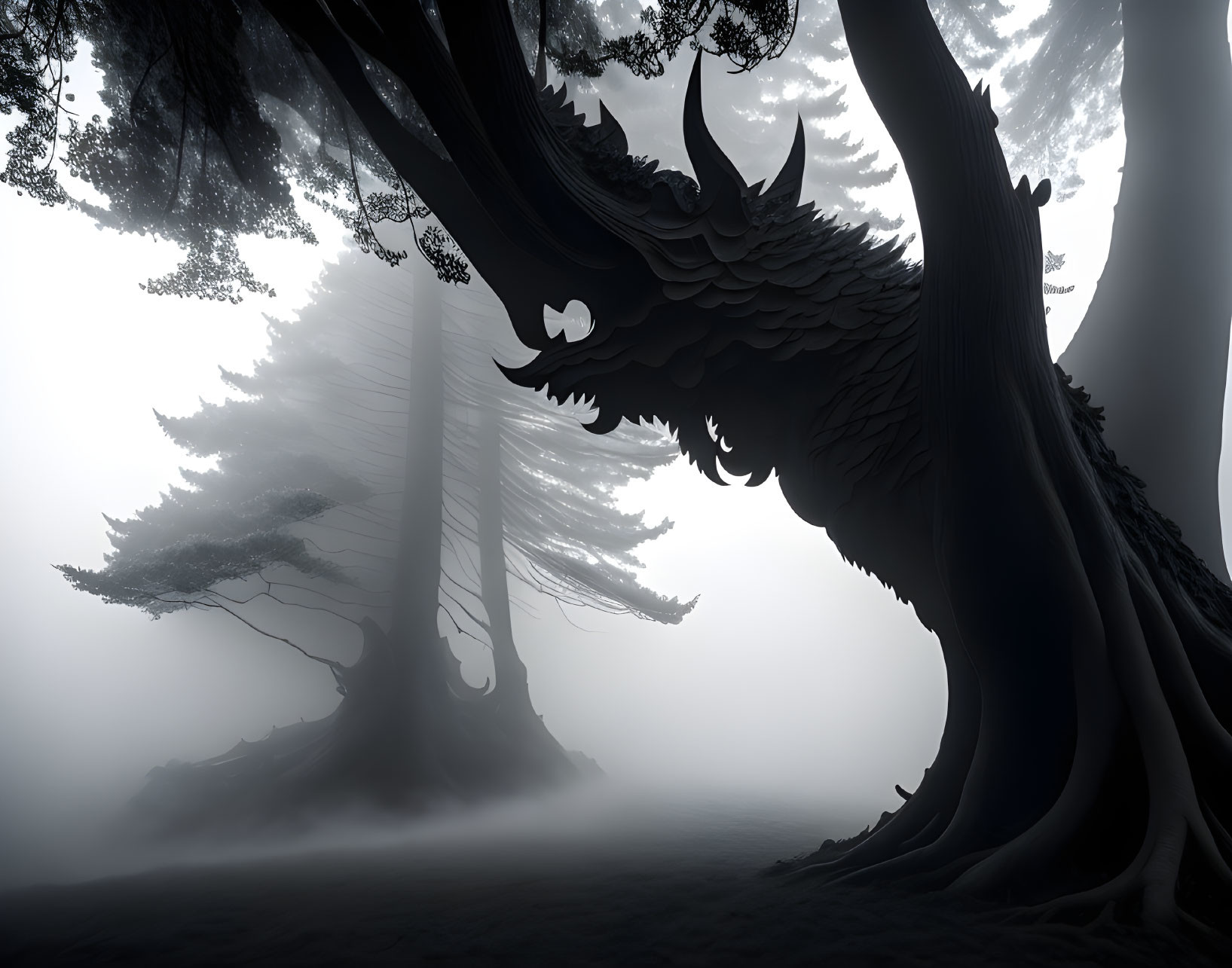 Mystical foggy forest with towering gnarled trees and hanging leaves