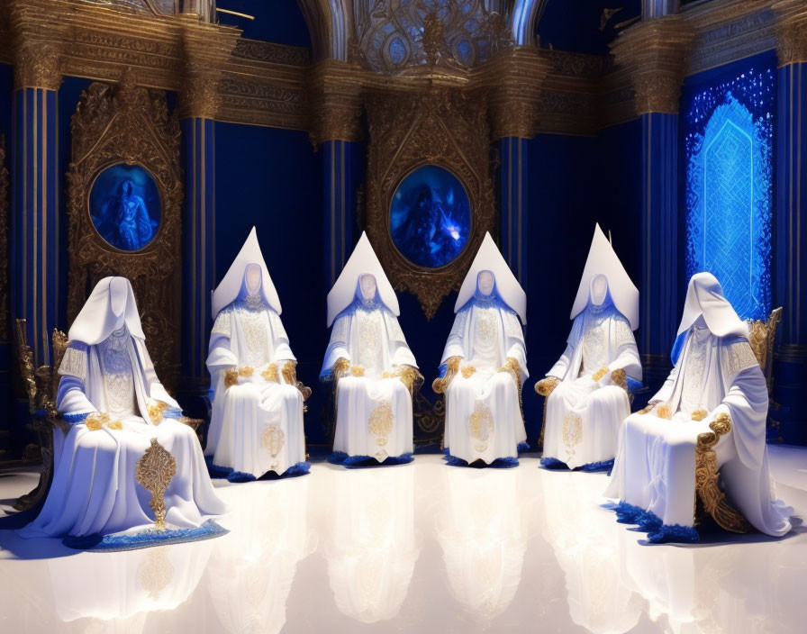 Group of Figures in White and Blue Robes in Ornate Blue-Lit Room