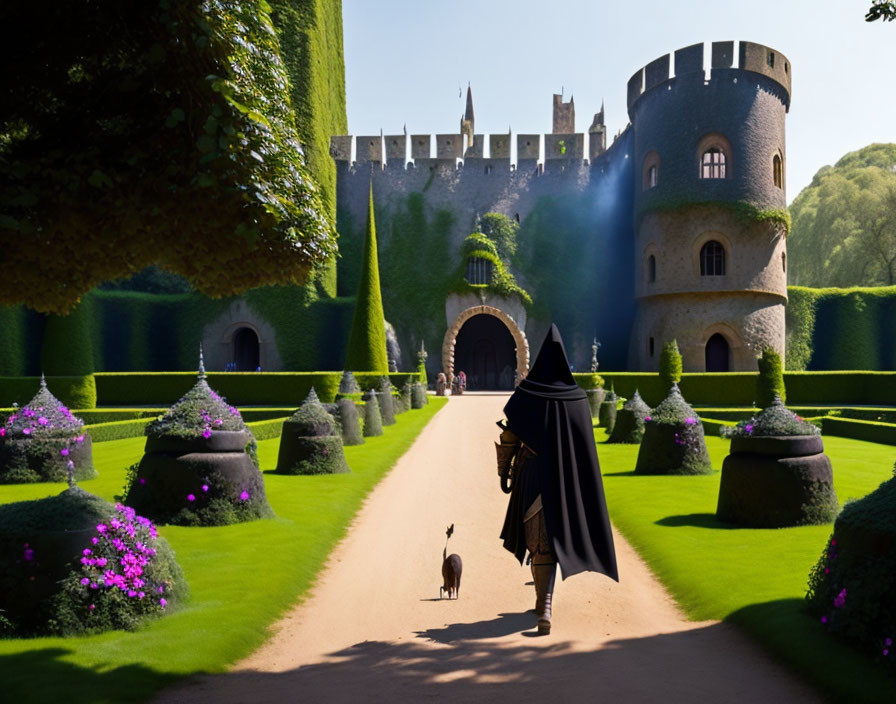 Cloaked figure and rabbit near castle with green hedges and purple flowers