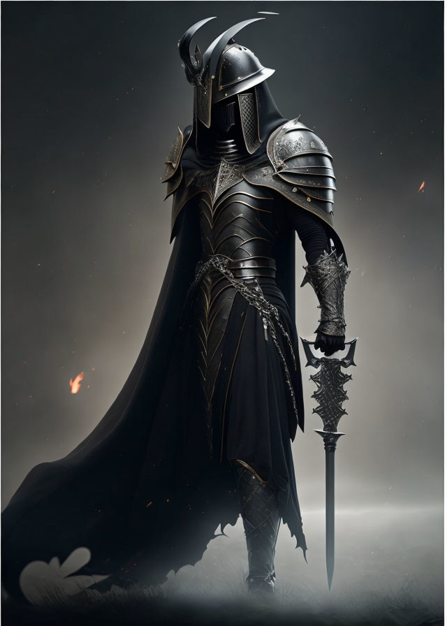 Dark Knight in Black Armor with Spiked Mace and Cape