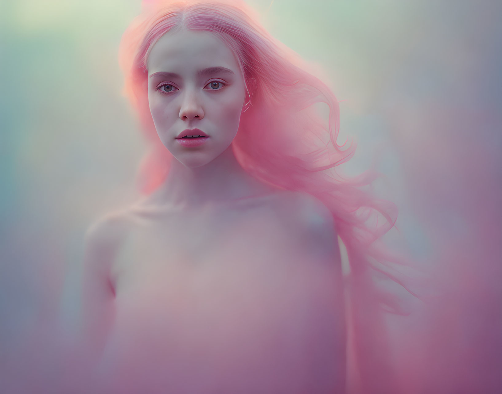 Soft-Focused Portrait of Woman with Flowing Hair in Pink and Blue Haze