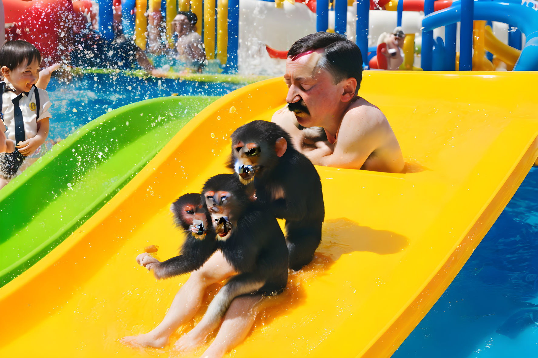 Person and three monkeys joyfully sliding down vibrant water slide