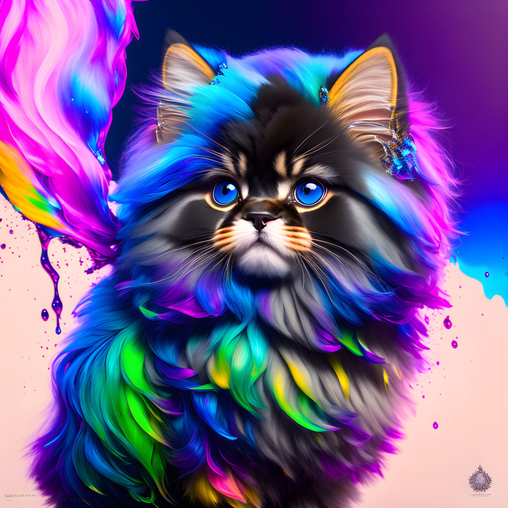 Colorful Fluffy Cat Image with Blue Eyes and Butterflies