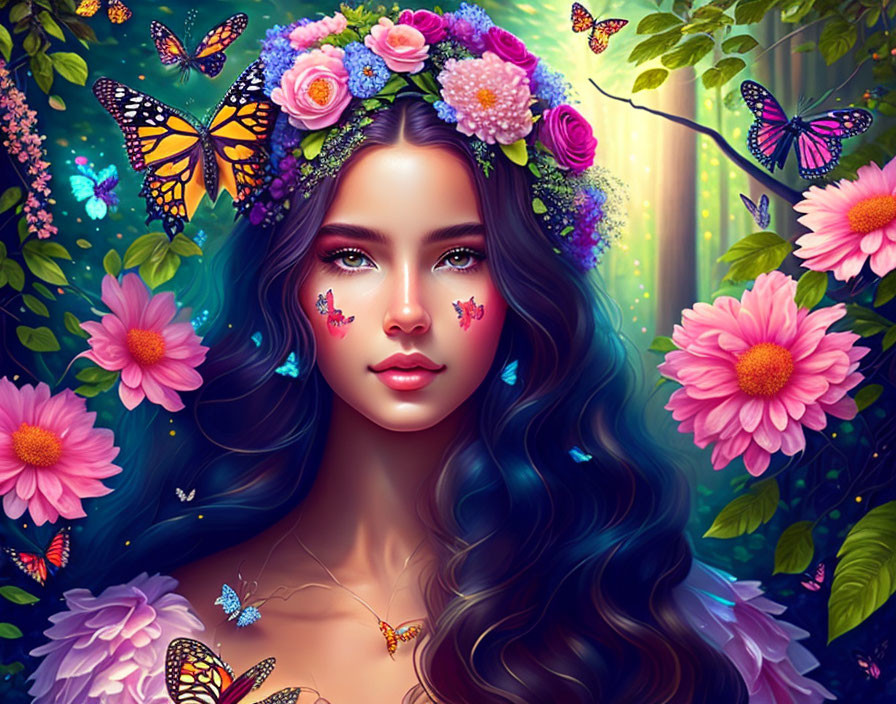 Woman with floral crown, butterflies, and fantasy forest backdrop illustration.