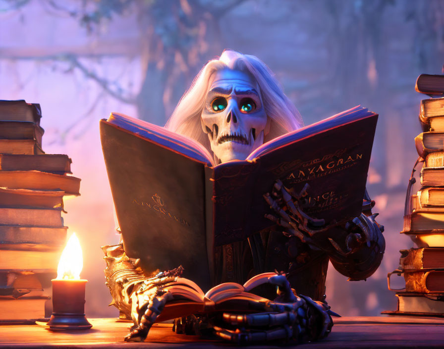 Animated skeleton reading Necronomicon book by candlelight