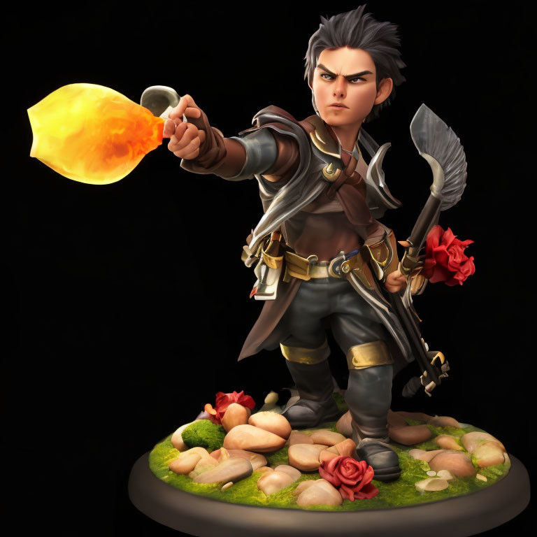 Fantasy male character with torch and axe on stone and rose base