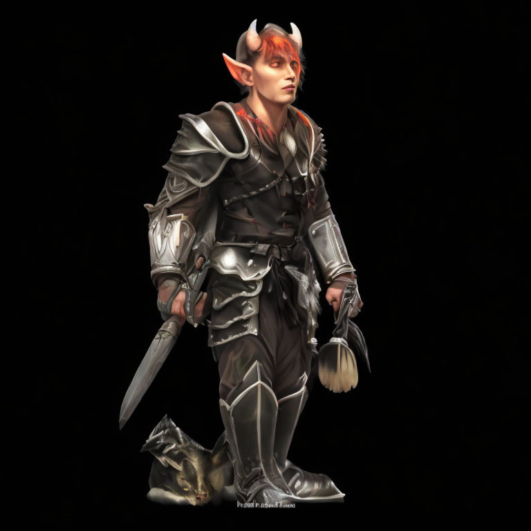 Fantasy digital art: Red-haired elf in detailed armor with sword next to armored wolf