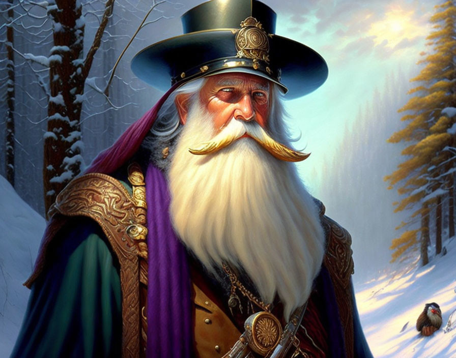 Elderly man in green and purple cloak with golden emblem in snowy forest