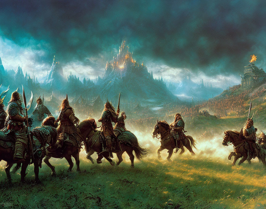 Armored knights on horseback in misty field with castle and dramatic sky