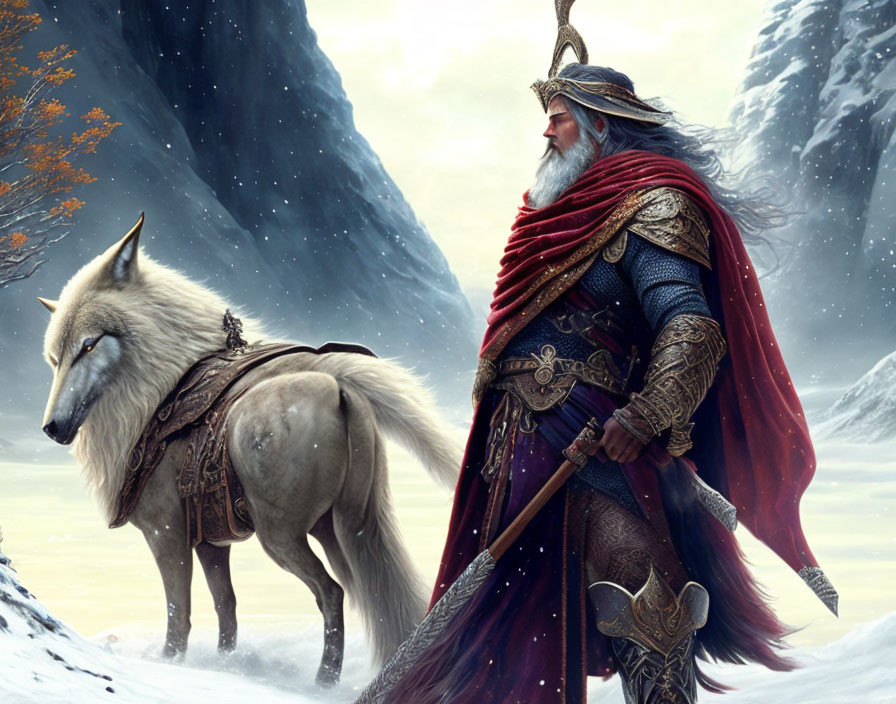 Elder warrior in ornate armor with red cloak and white wolf in snowy mountain landscape