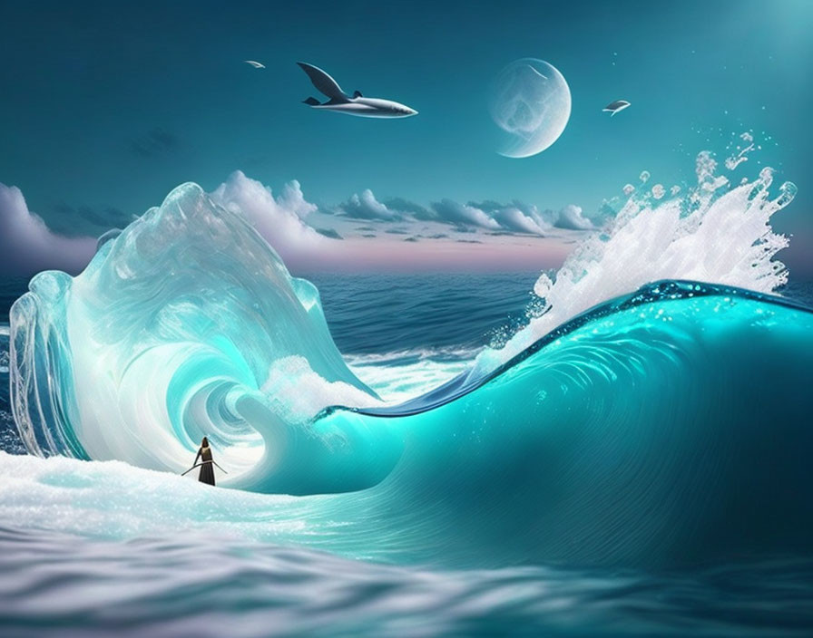 Person on boat faces giant wave with jumping dolphins under twilight sky.