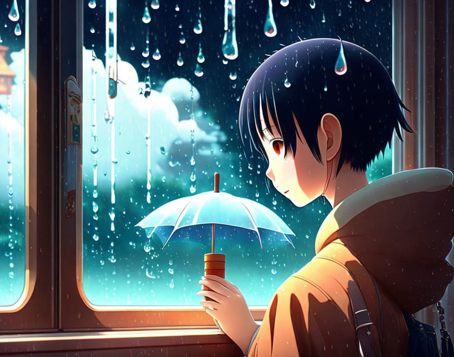 Dark-haired animated character with blue umbrella by raindrop window