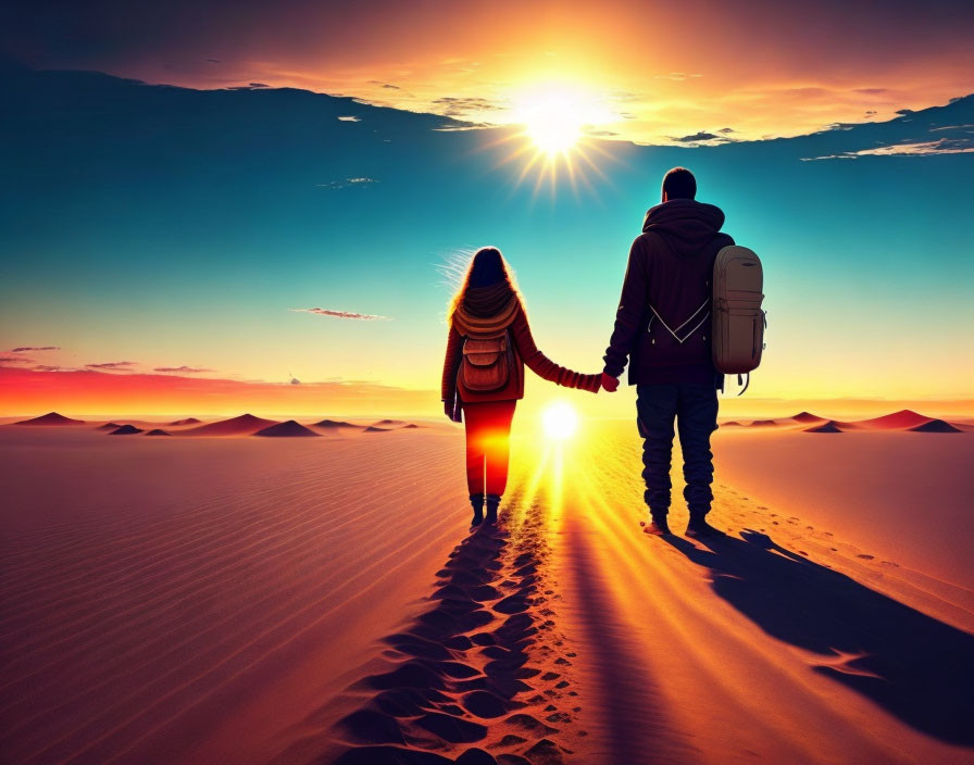 Couple walking hand in hand in desert at sunset