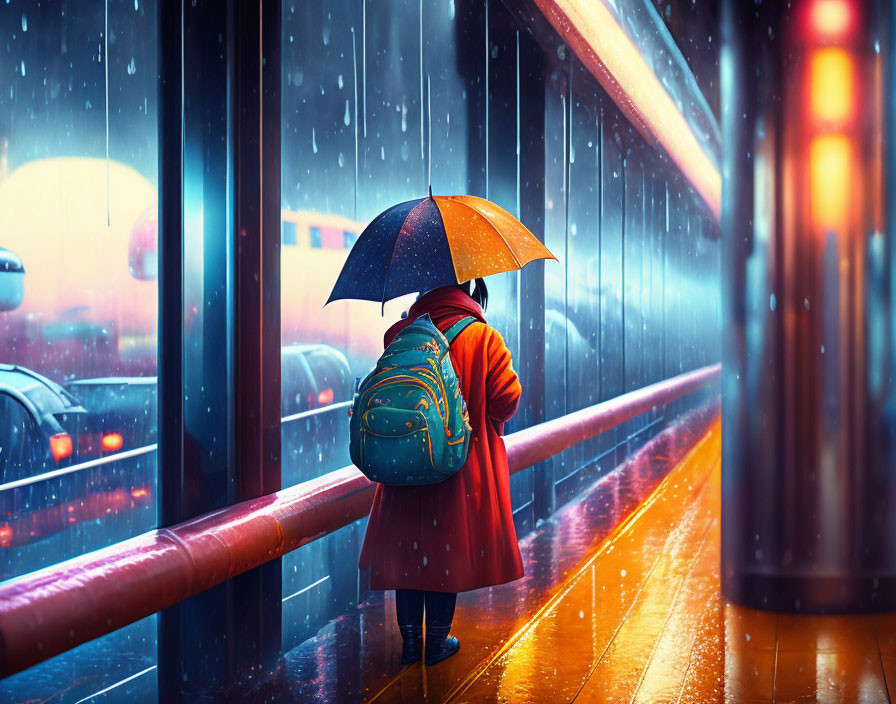 Person with Colorful Umbrella and Backpack in Rainy Cityscape at Night