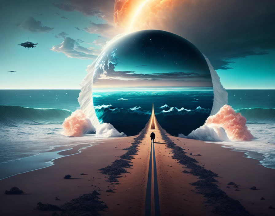 Surreal beach scene with lone figure, giant night sky sphere, frozen waves, and hovering ships