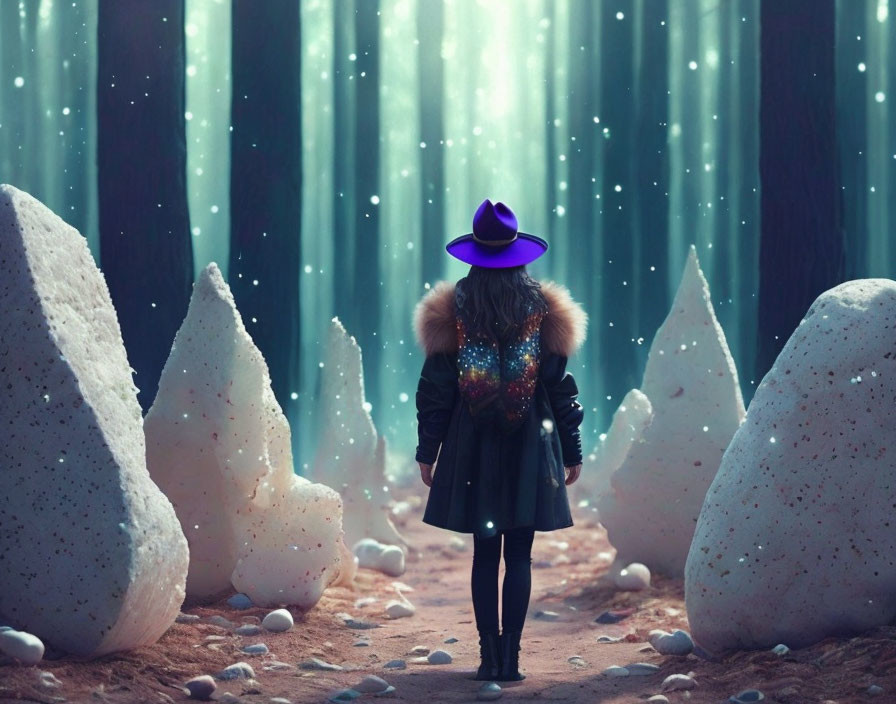 Person in Purple Hat Stands at Entrance of Magical Glowing Snowy Forest