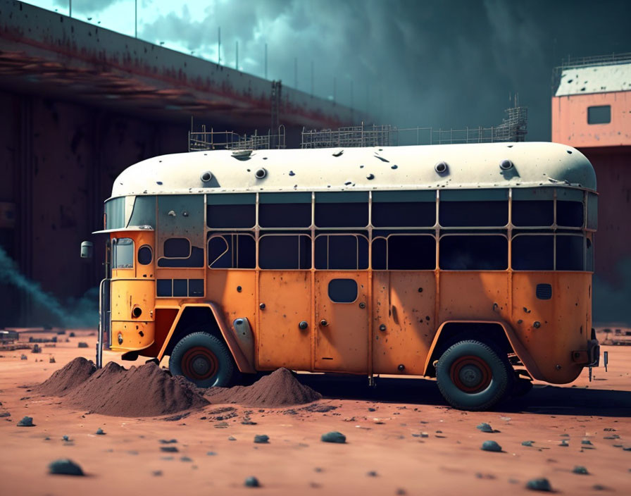 Rusted yellow bus buried in sand under stormy sky