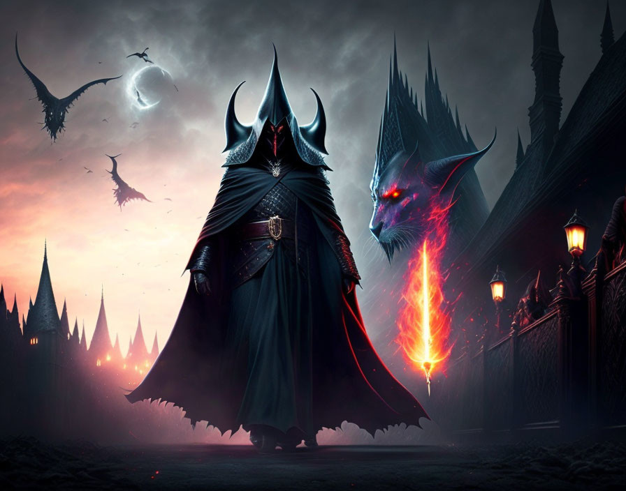 Dark fantasy scene with cloaked figure, fiery staff, wolf creature, dragons, and gothic castle