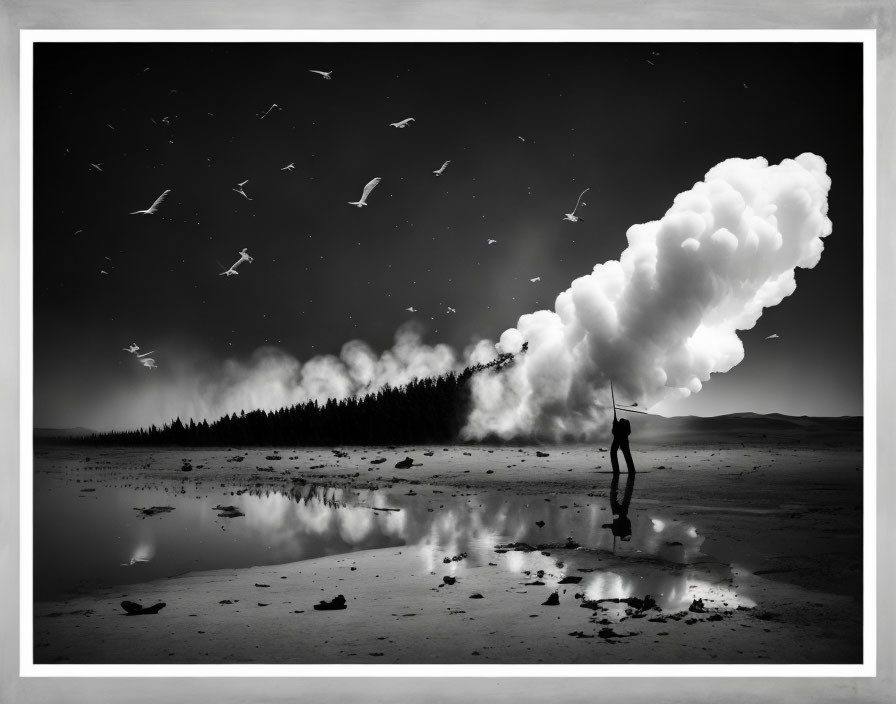 Silhouette by reflective water, person gazes at smoke over forest under starry sky.