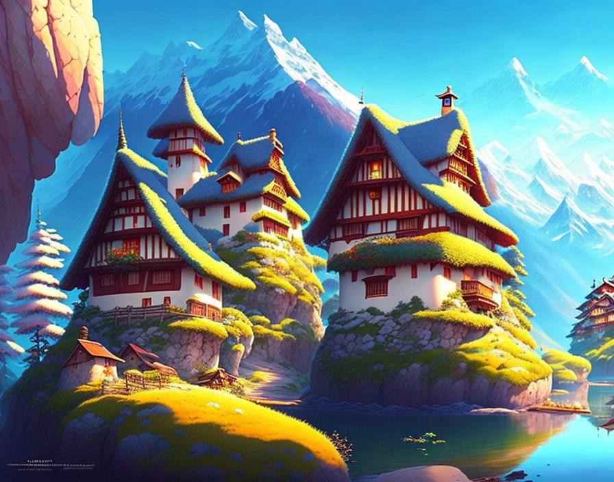 Asian-style Pagoda Buildings on Rocky Islands with Snow-Capped Mountains