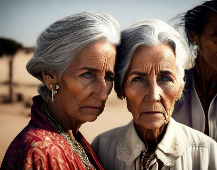 Elderly women with white hair in red and beige outfits outdoors