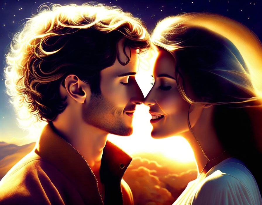 Illustrated couple in romantic embrace under starlit sky.