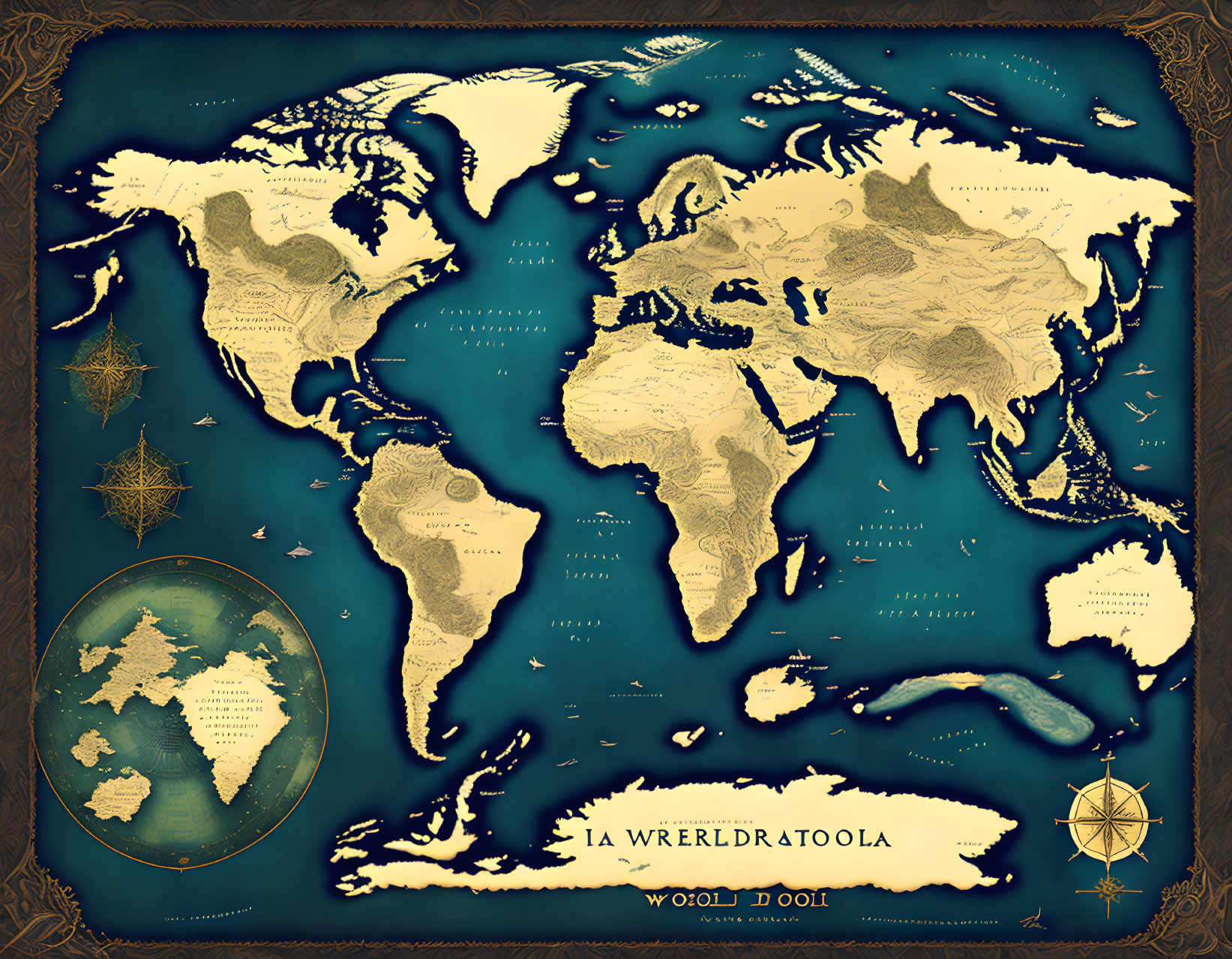 Vintage-style world map with ornate borders, compass roses, and inset globe