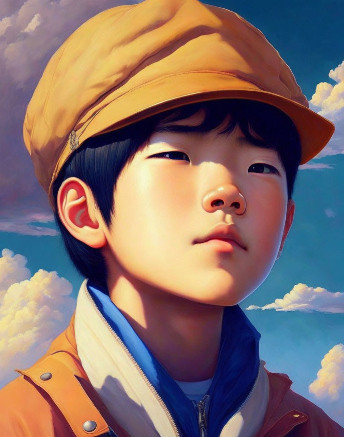 Contemplative child in orange cap and coat under blue sky