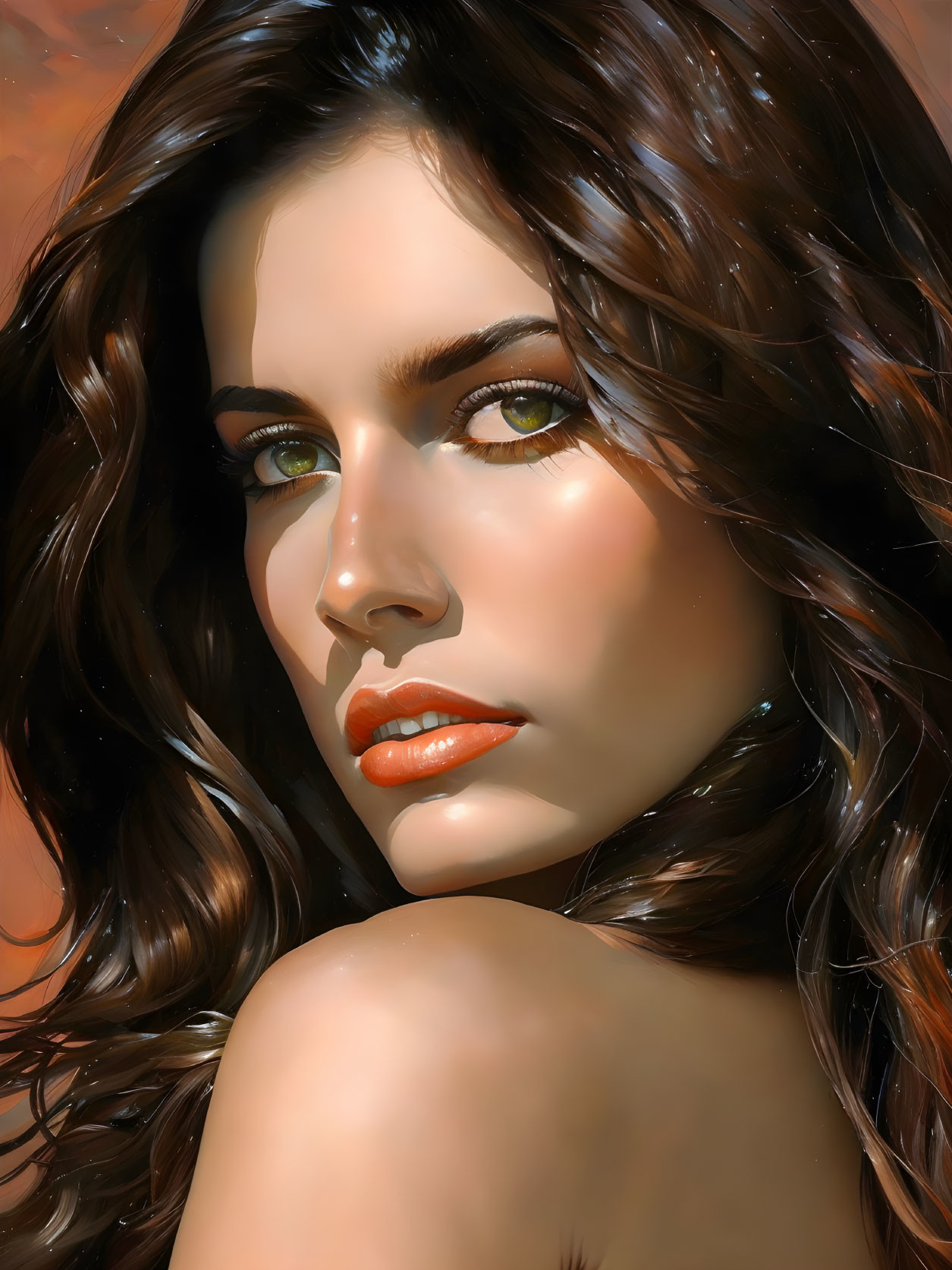 Digital portrait: Woman with wavy brown hair, green eyes, and glossy orange lips in warm lighting