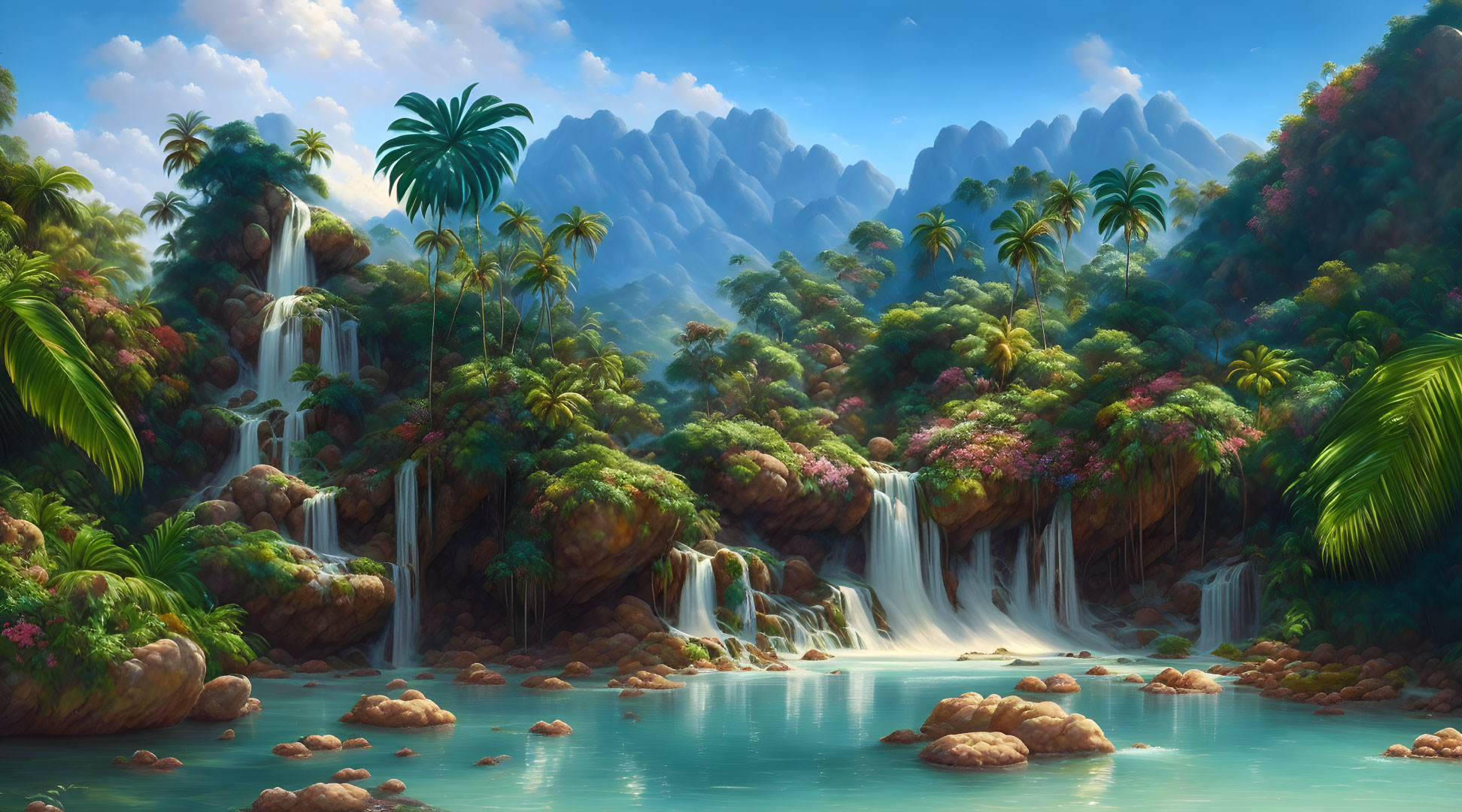 Tranquil tropical paradise with waterfalls, blue lagoon, lush greenery, and vibrant flowers