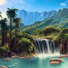 Tranquil tropical paradise with waterfalls, blue lagoon, lush greenery, and vibrant flowers