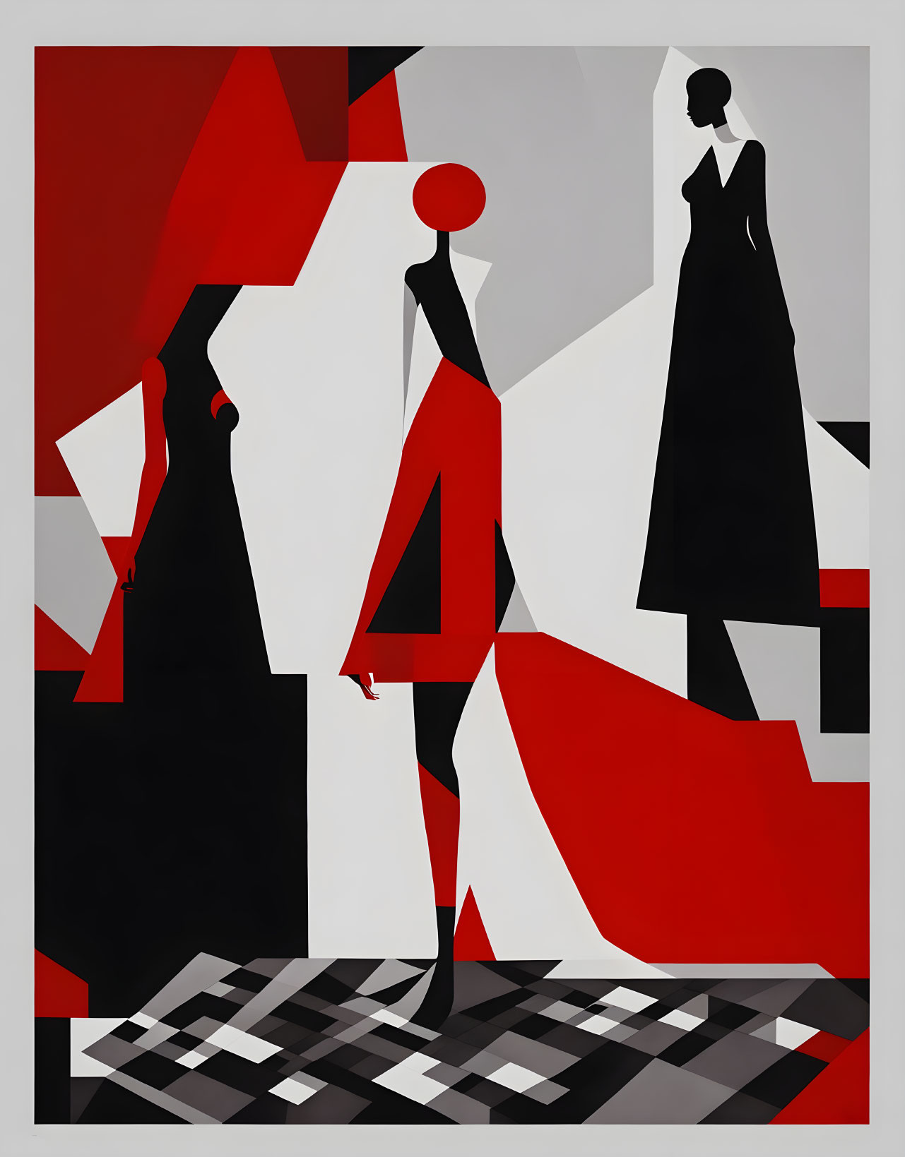 Geometric Red, Black, and White Figures on Contrasting Background