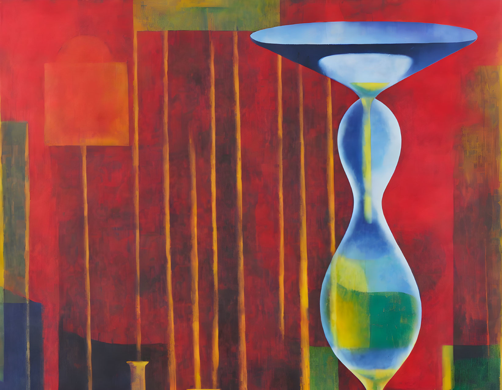 Colorful Abstract Painting with Hourglass Motif in Blue and Yellow on Red and Orange Striped Background