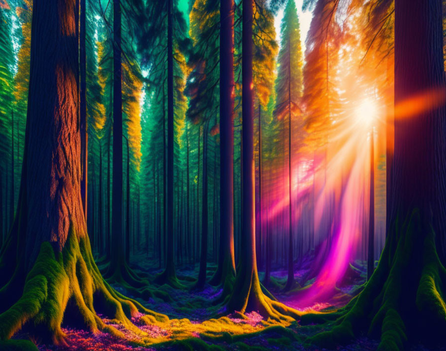 Vibrant enchanted forest with vivid colors and moss-covered tree roots