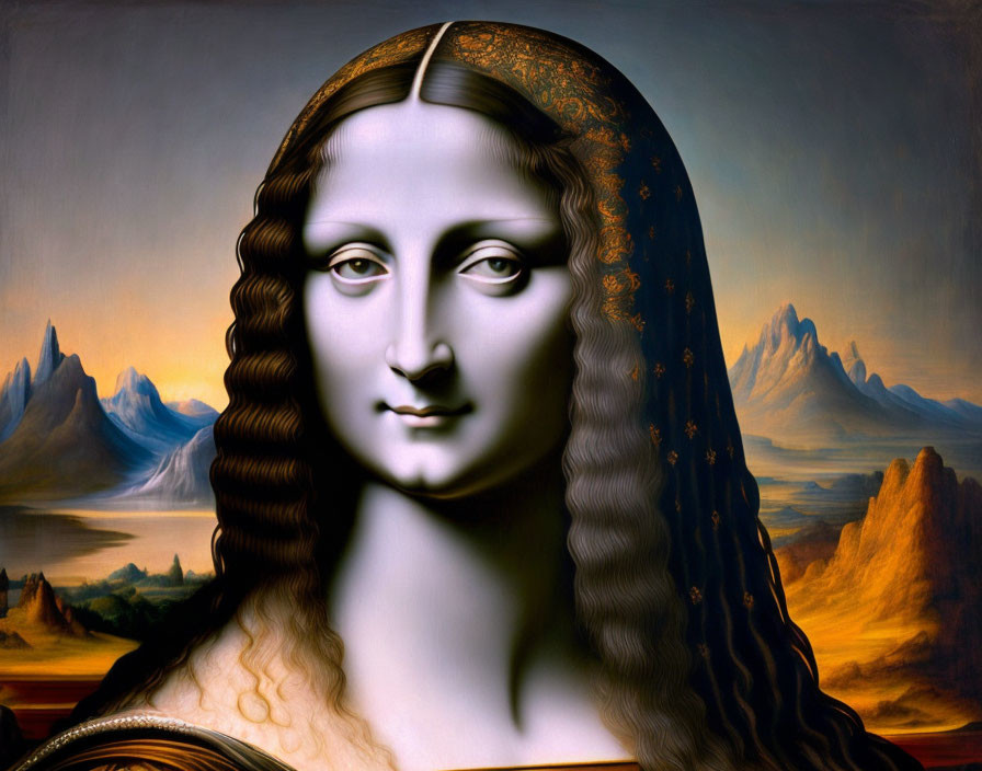 Digital artwork: Mona Lisa portrait merged with surreal landscape