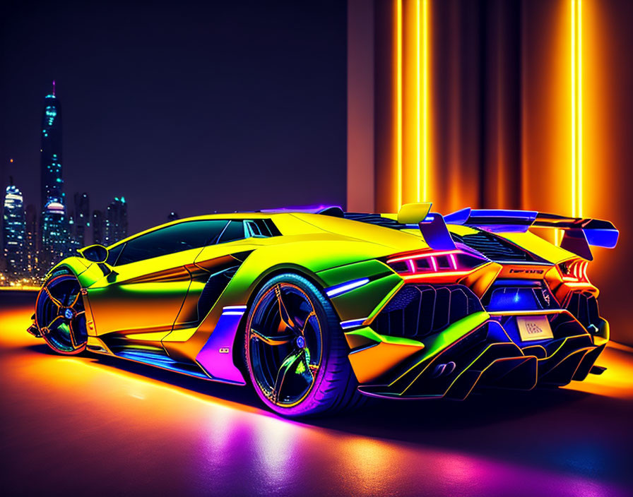 Neon-lit sports car against cityscape with futuristic design