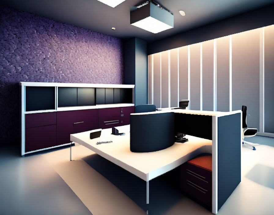 Modern office with purple walls, white and black furniture, desk, shelves, and computer under natural light