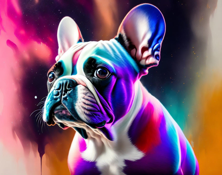 Colorful digital artwork: French Bulldog with iridescent fur on nebula background