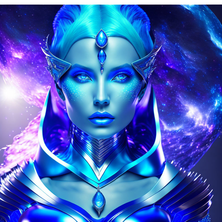 Fantasy Female Character with Blue Skin and Cosmic Background