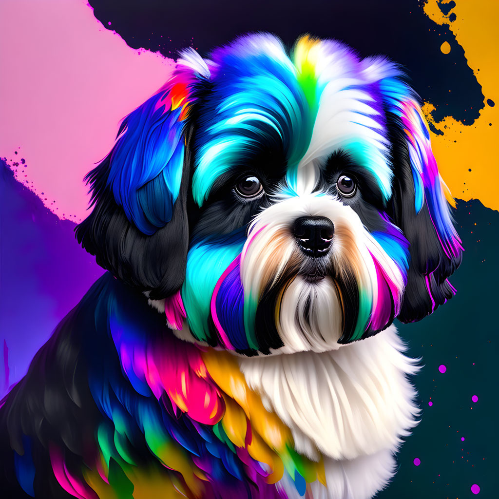 Colorful digital artwork featuring a multicolored fur dog on splatter background