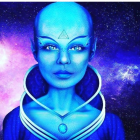 Fantasy Female Character with Blue Skin and Cosmic Background