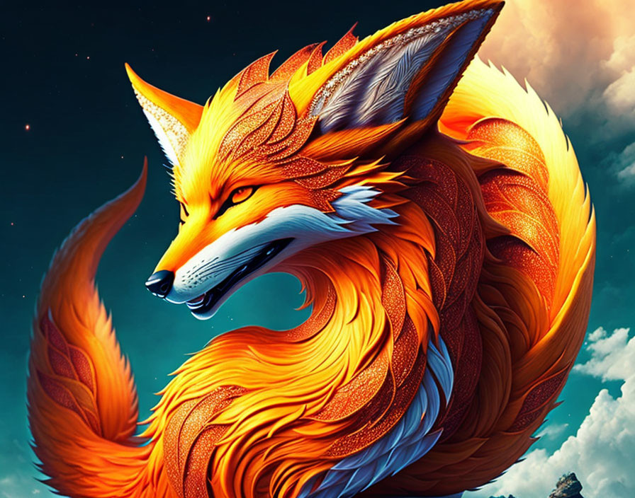 Vivid illustration of mythical fox with intricate fur against dynamic starry sky