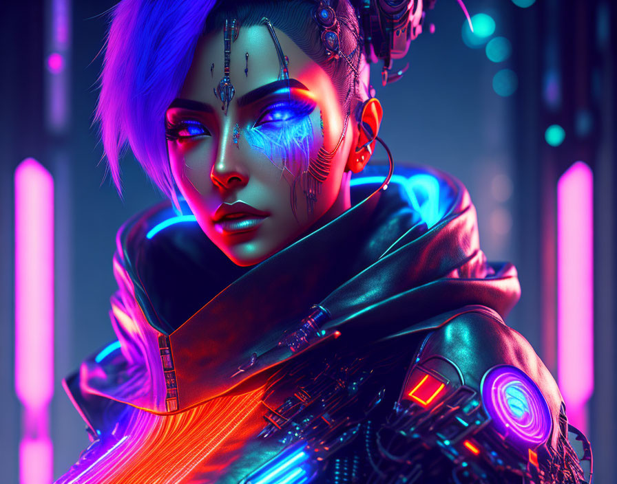 Female Cyborg Portrait with Blue Hair and Neon Elements in Futuristic Setting