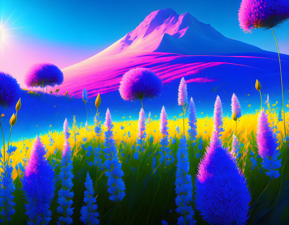 Colorful meadow illustration with flowers, purple sky, and snow-capped mountain