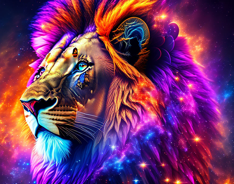 Colorful Lion with Cosmic Background: Vibrant Digital Art