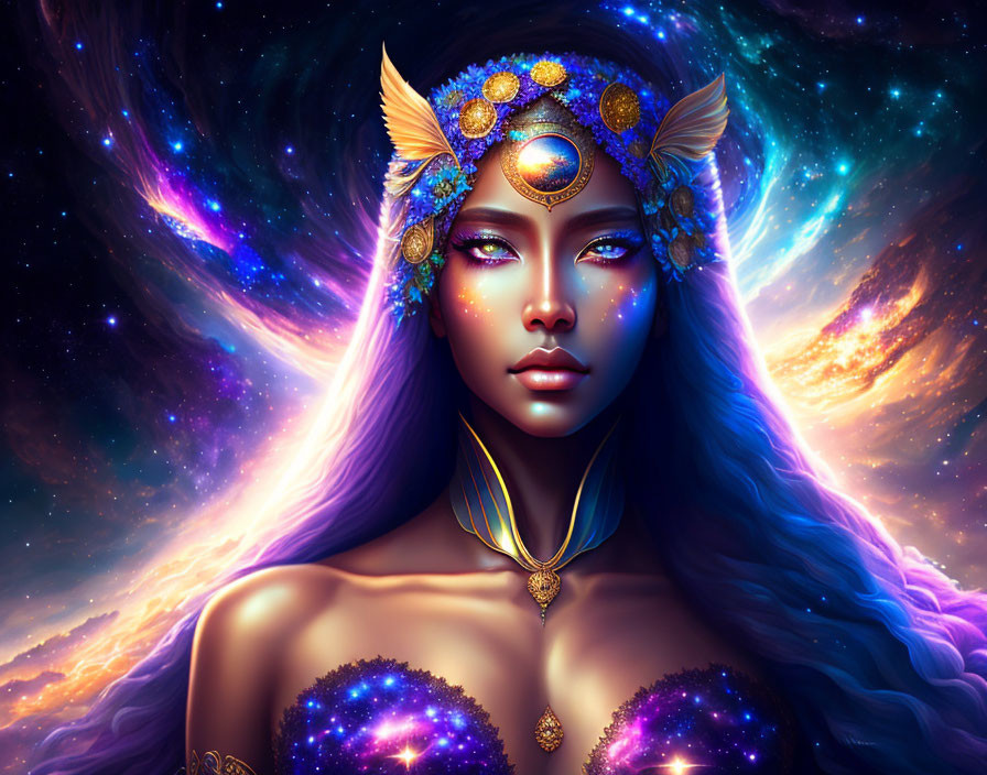 Blue-skinned woman with cosmic patterns in starry attire against space backdrop